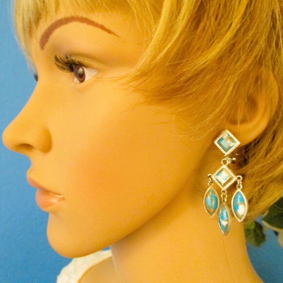 Vintage CELEBRITY Faux Turquoise Floral Brooch Pendant Earrings Set ~ DESIGNER - Picture 9 of 16